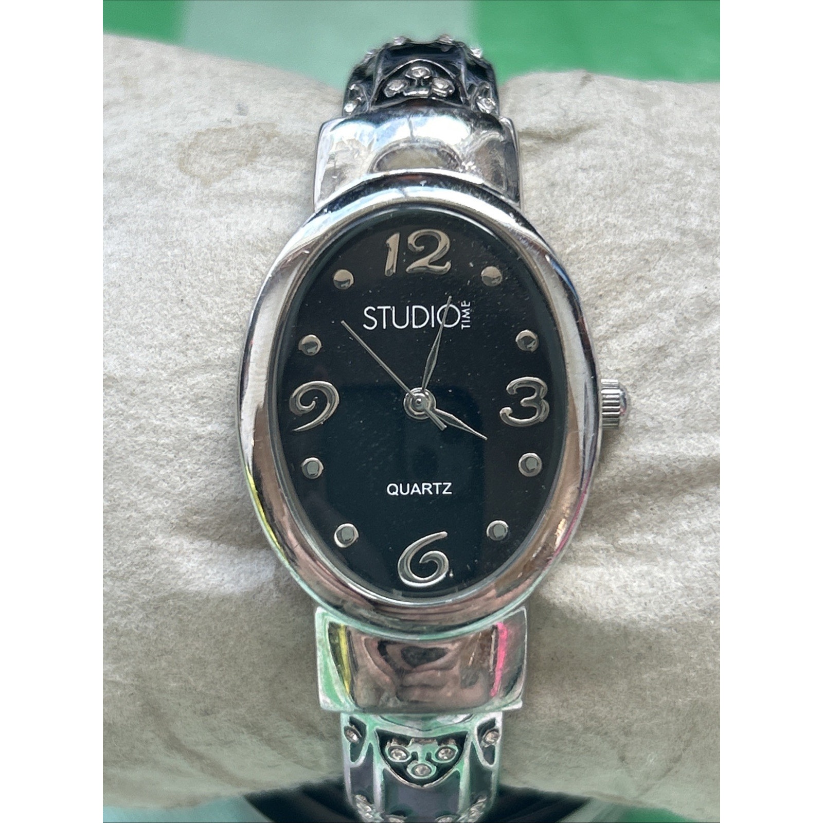 Studio Time Black Dial Silver Tone Womens Cuff Watch